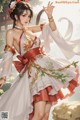 A woman in a white and red dress with a flower in her hair.