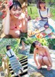 A woman in a bikini sitting on a bench next to a picnic table.