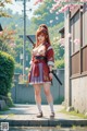 A woman in traditional attire stands outdoors with cherry blossoms and a sword.