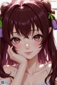 Anime girl with long brown hair and purple eyes.